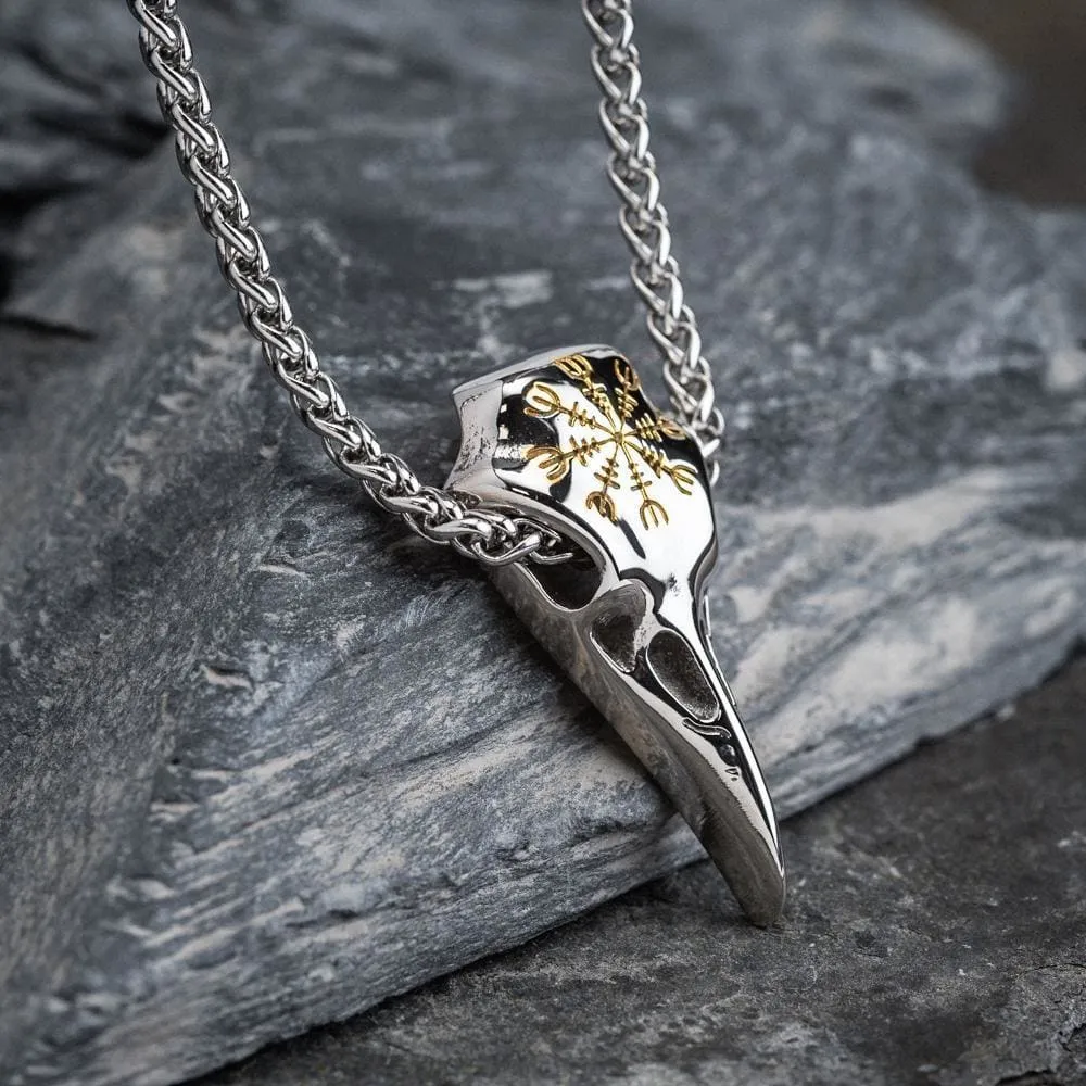 Dual Color Stainless Steel Raven Skull and Helm of Awe Pendant