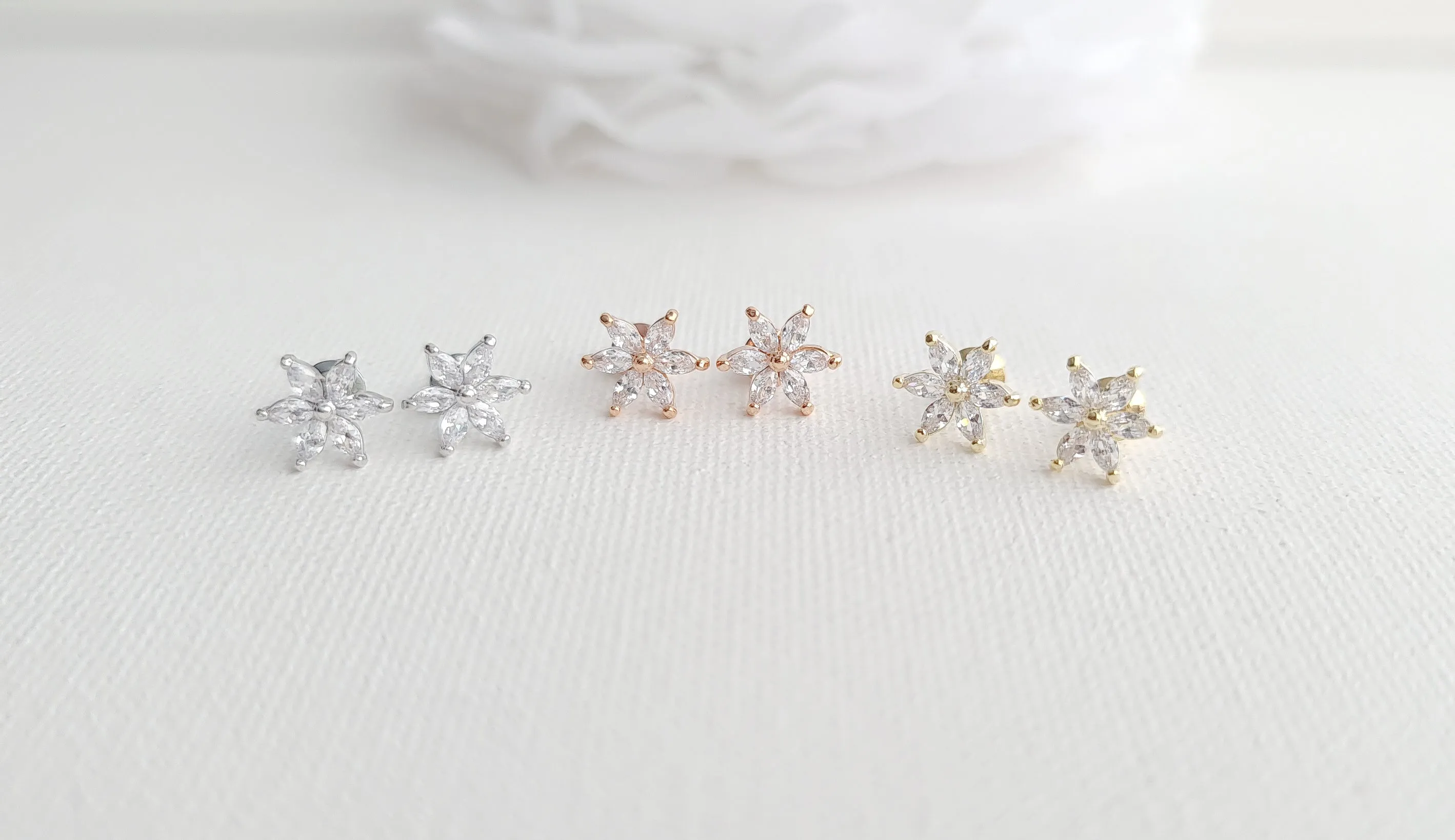 Gold and CZ Flower Stud Earrings-Trisha