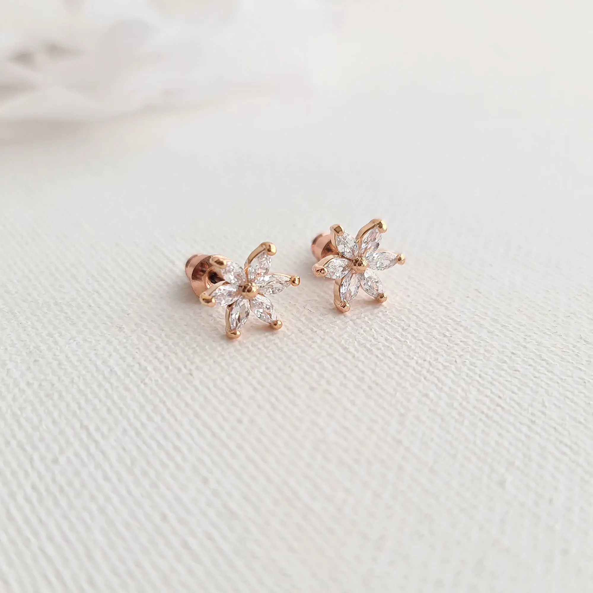 Gold and CZ Flower Stud Earrings-Trisha