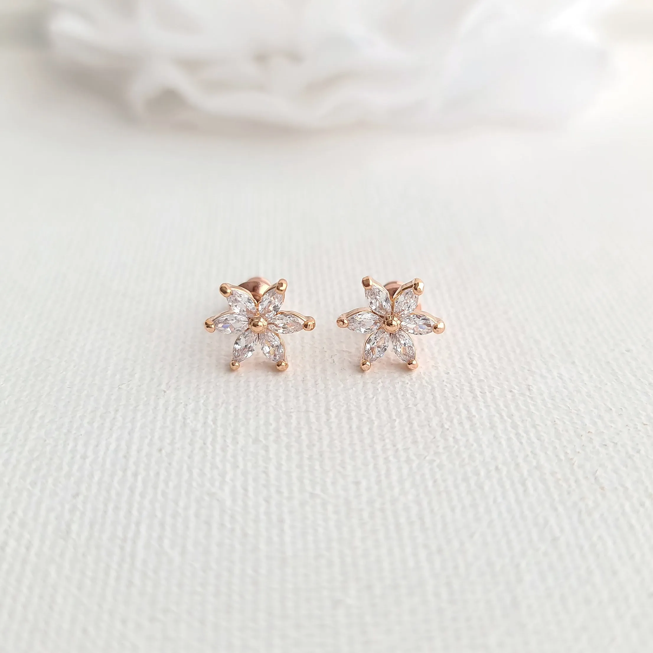 Gold and CZ Flower Stud Earrings-Trisha