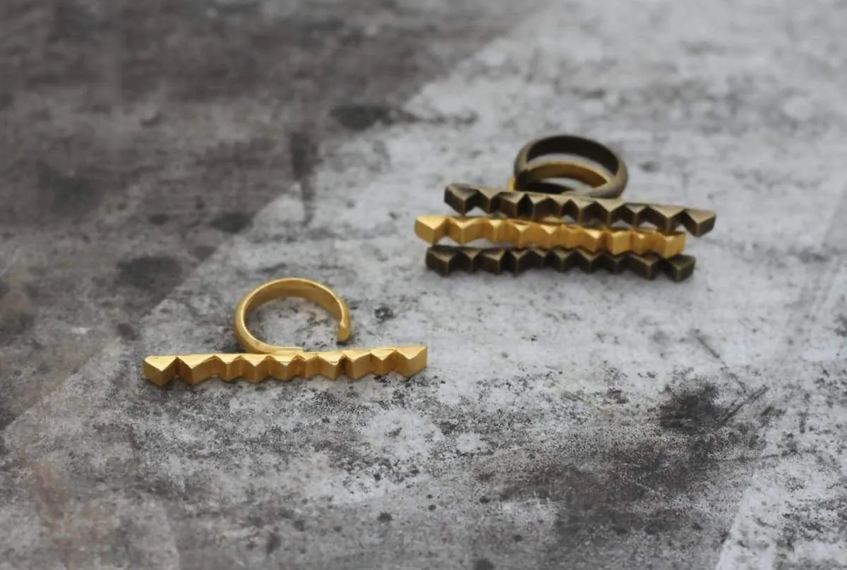 gold two finger ring, black triangles row big ring, stackable geometric adjustable ring, perfect ring for any size, ring to go out, party