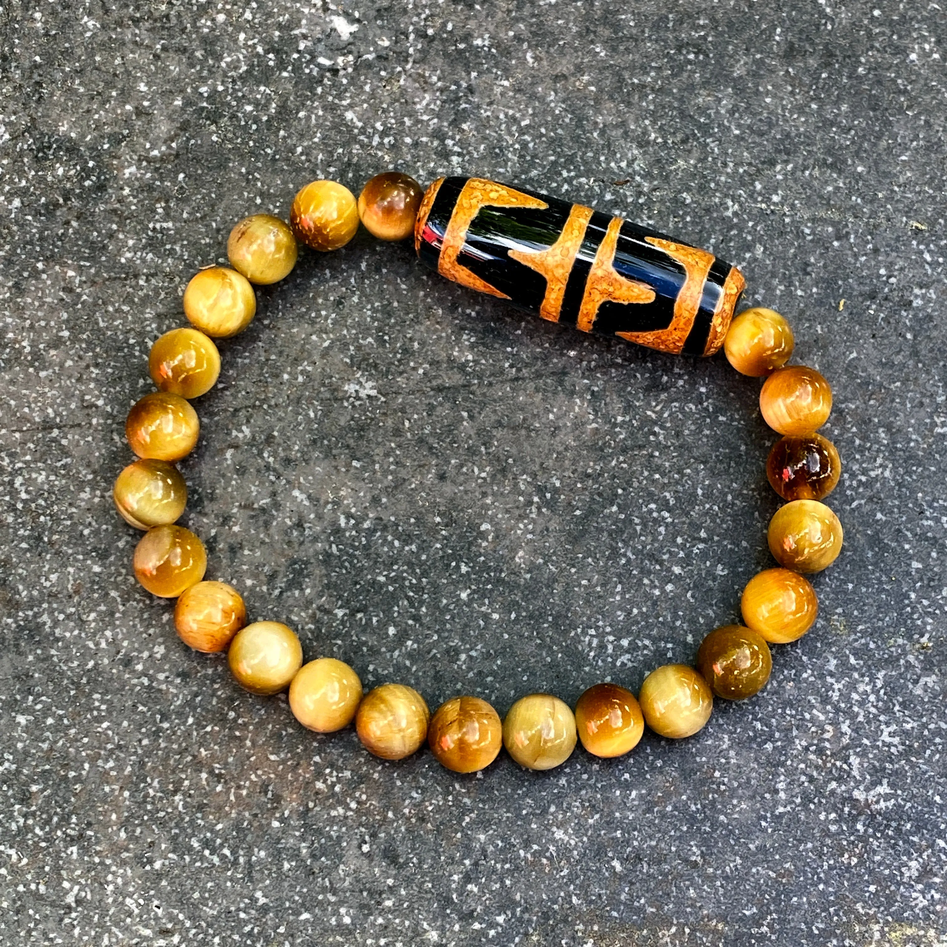 Golden Tiger’s Eye and Tibetan Agate gemstone Beaded Stretch Bracelet