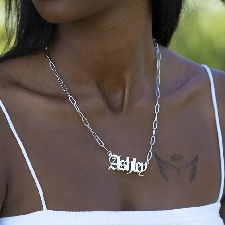 Gothic Name Necklace on Paperclip Chain