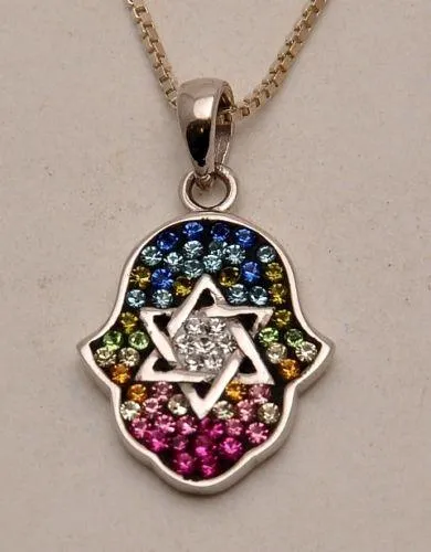 Hamsa Silver Pendant With Colorful Gemstones   925 Sterling Silver Chain #13