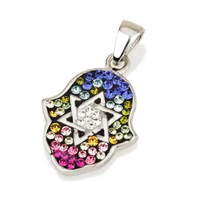 Hamsa Silver Pendant With Colorful Gemstones   925 Sterling Silver Chain #13