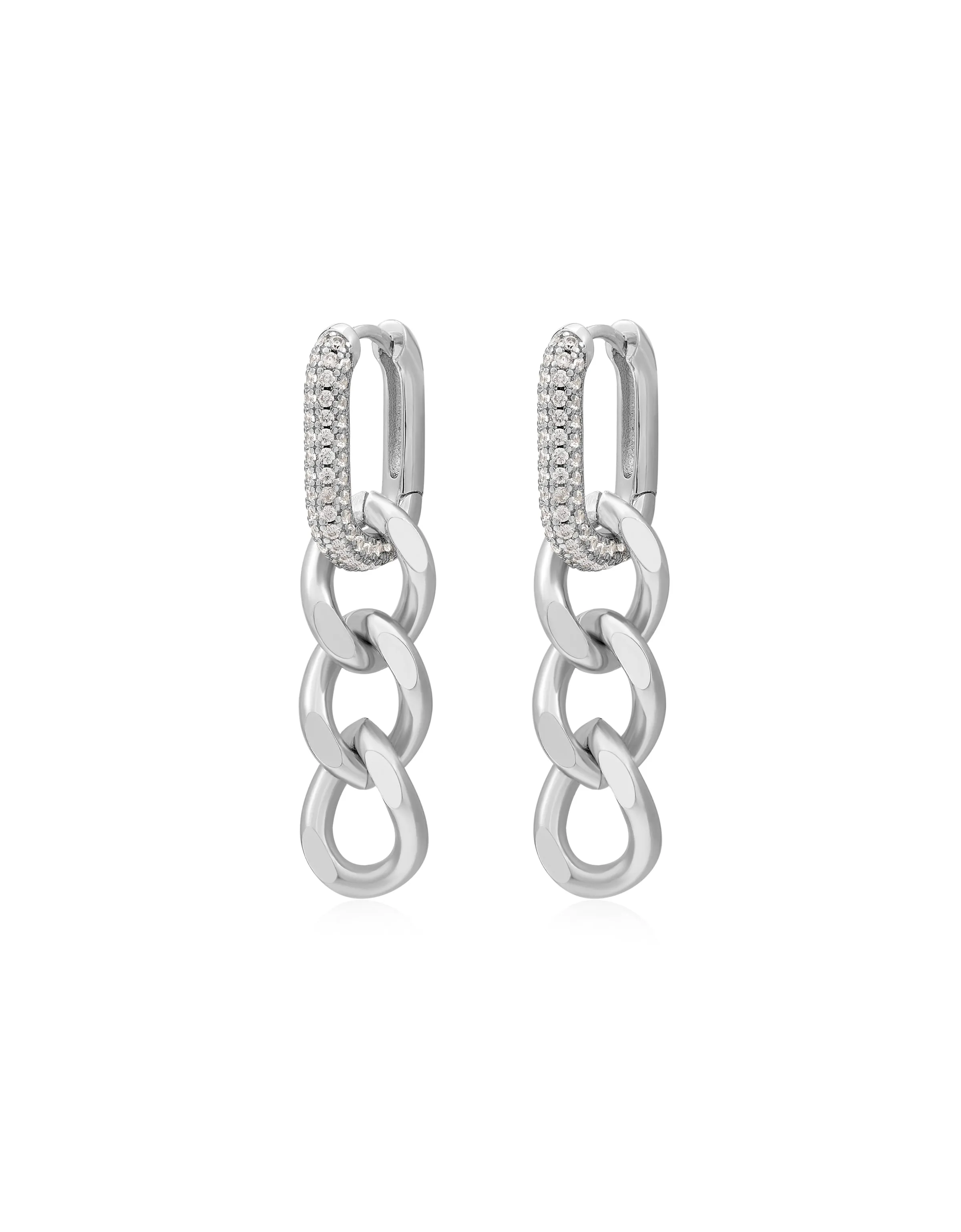 Hanging Pave Chain Link Huggies- Silver