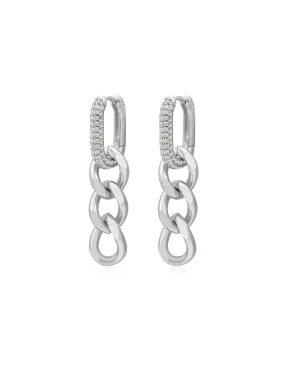 Hanging Pave Chain Link Huggies- Silver