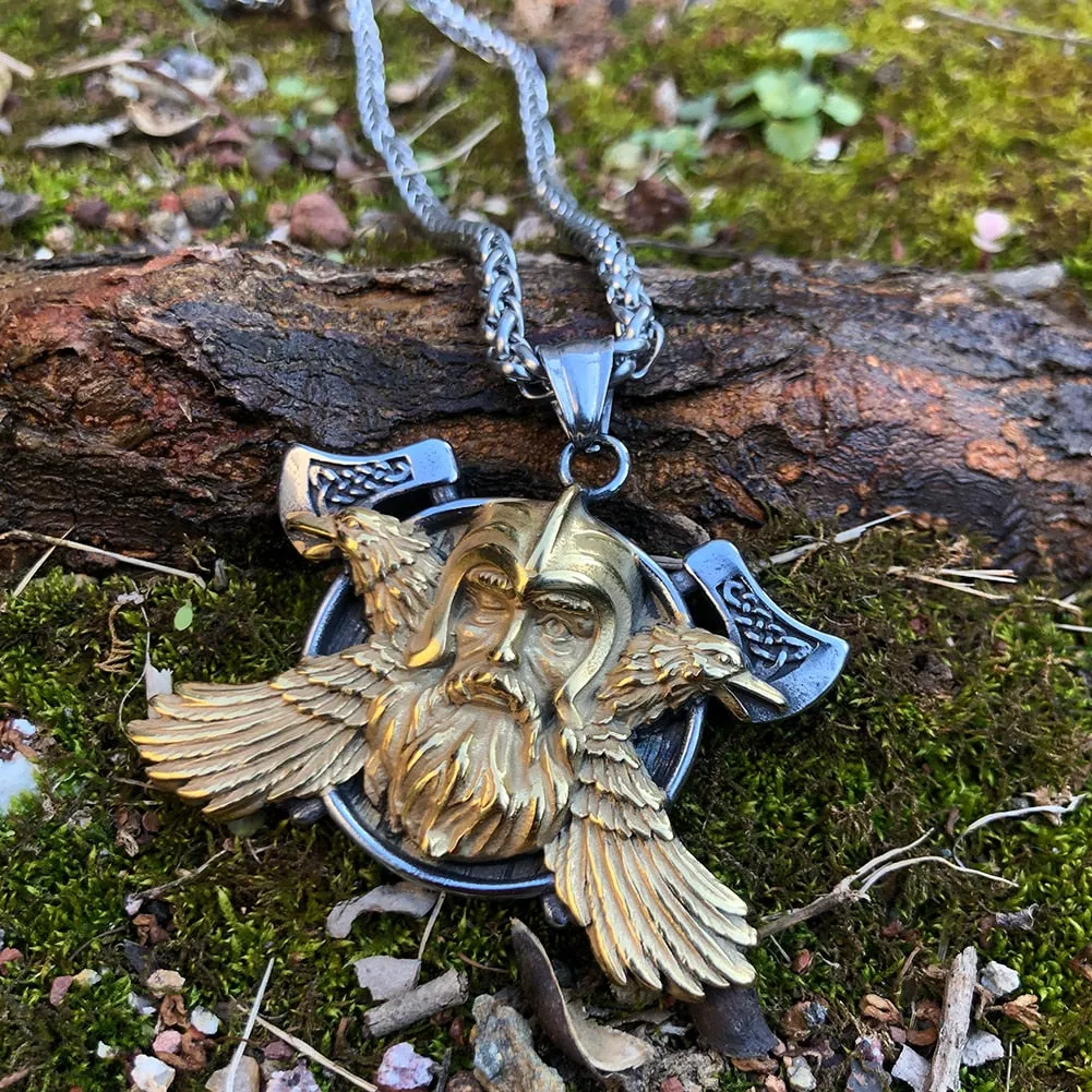 Huge Norse Viking Odin Raven Axe Celtic Pendant Necklace