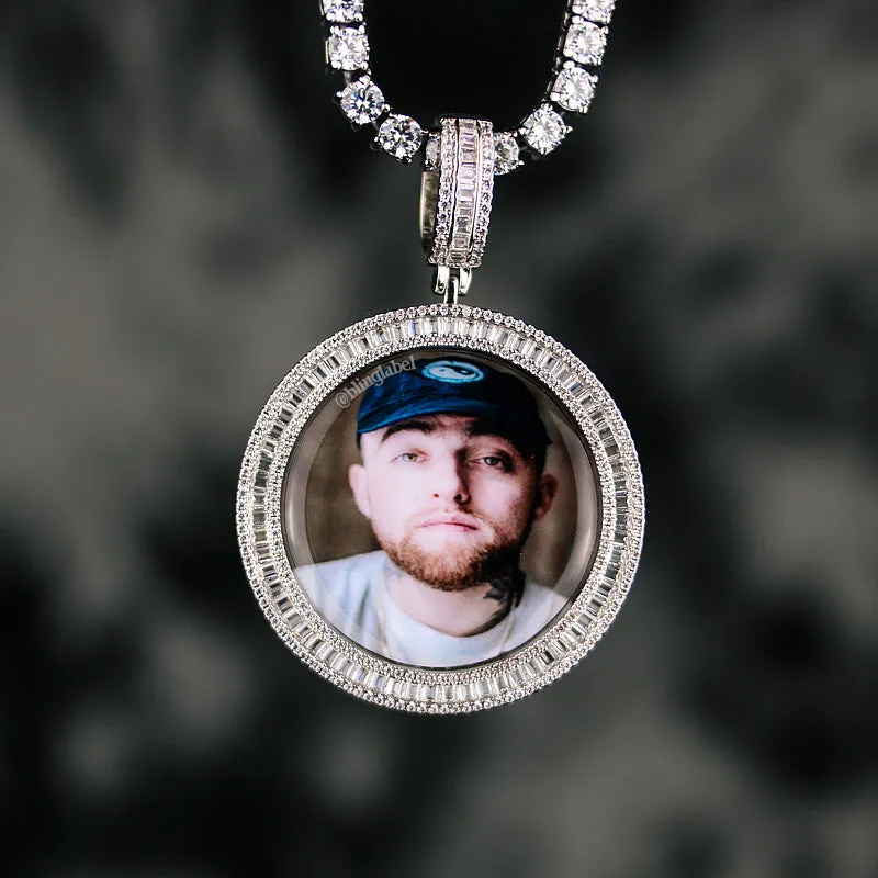 Iced Out Baguette Picture Pendant in White Gold