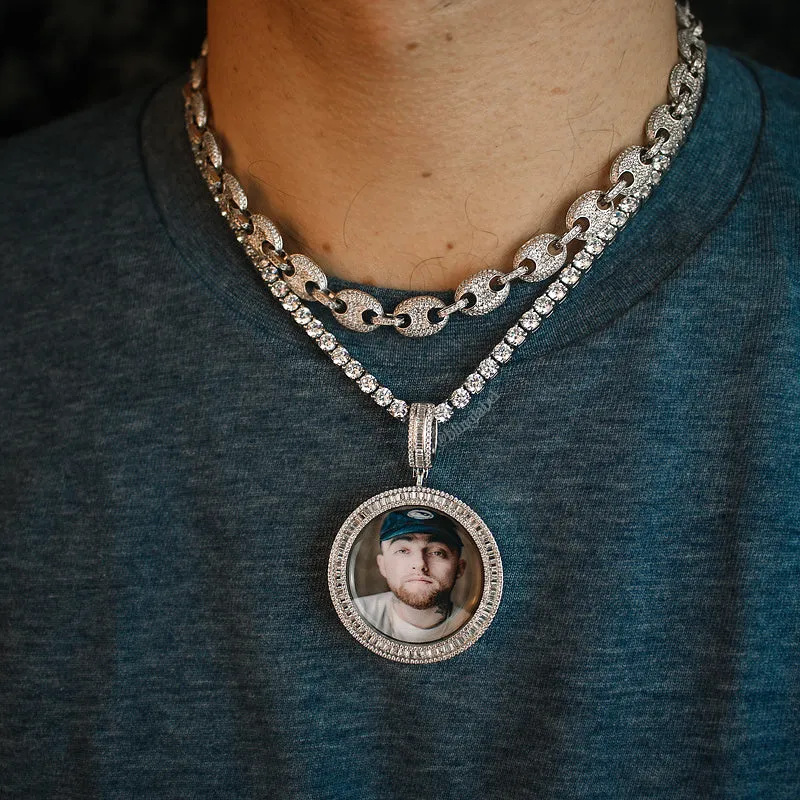 Iced Out Baguette Picture Pendant in White Gold