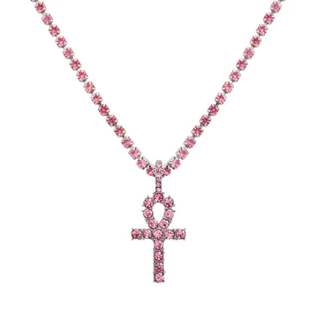 Iced Out Crystal Ankh & Cross Pendant Tennis Necklace Shining Rhinestone Chain