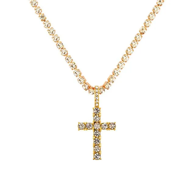 Iced Out Crystal Ankh & Cross Pendant Tennis Necklace Shining Rhinestone Chain