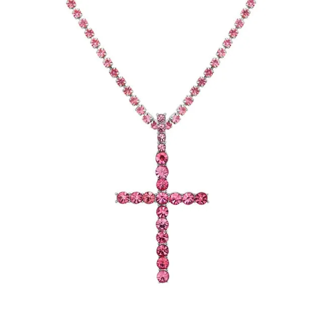 Iced Out Crystal Ankh & Cross Pendant Tennis Necklace Shining Rhinestone Chain