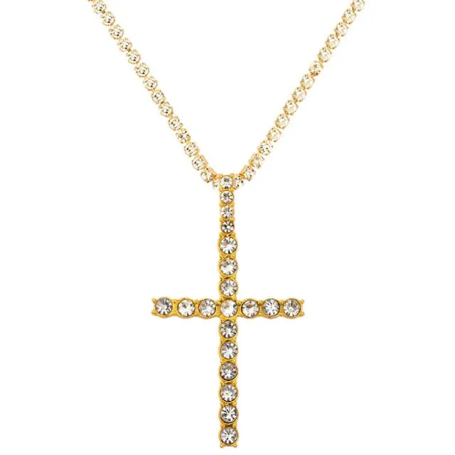 Iced Out Crystal Ankh & Cross Pendant Tennis Necklace Shining Rhinestone Chain