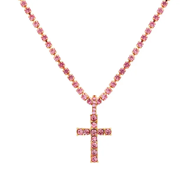 Iced Out Crystal Ankh & Cross Pendant Tennis Necklace Shining Rhinestone Chain