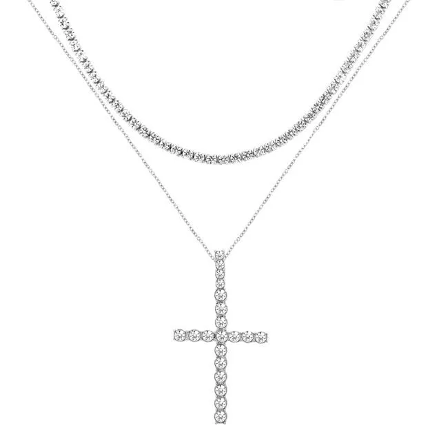 Iced Out Crystal Ankh & Cross Pendant Tennis Necklace Shining Rhinestone Chain