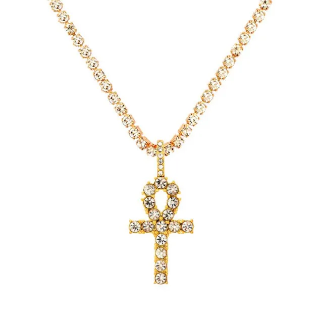 Iced Out Crystal Ankh & Cross Pendant Tennis Necklace Shining Rhinestone Chain