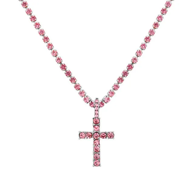 Iced Out Crystal Ankh & Cross Pendant Tennis Necklace Shining Rhinestone Chain