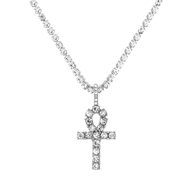 Iced Out Crystal Ankh & Cross Pendant Tennis Necklace Shining Rhinestone Chain