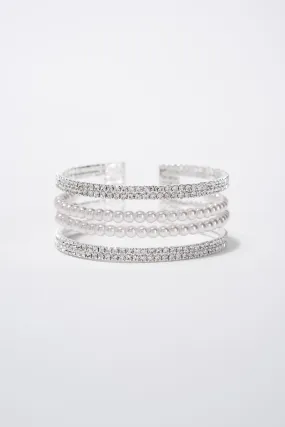 Iris Bridal Rhinestone Pearl Multi layer 3 Row Cuff - Silver Pearl