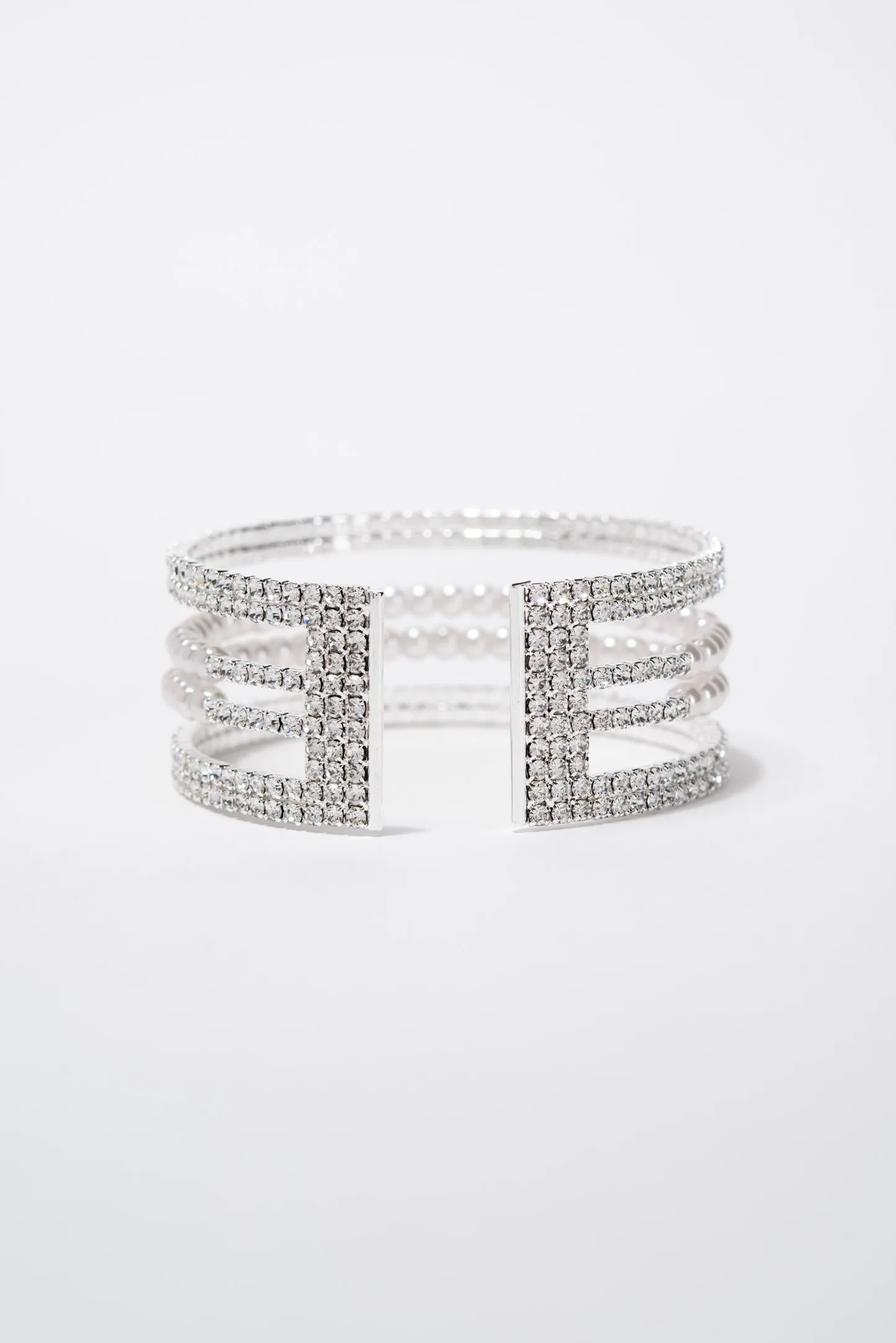 Iris Bridal Rhinestone Pearl Multi layer 3 Row Cuff - Silver Pearl