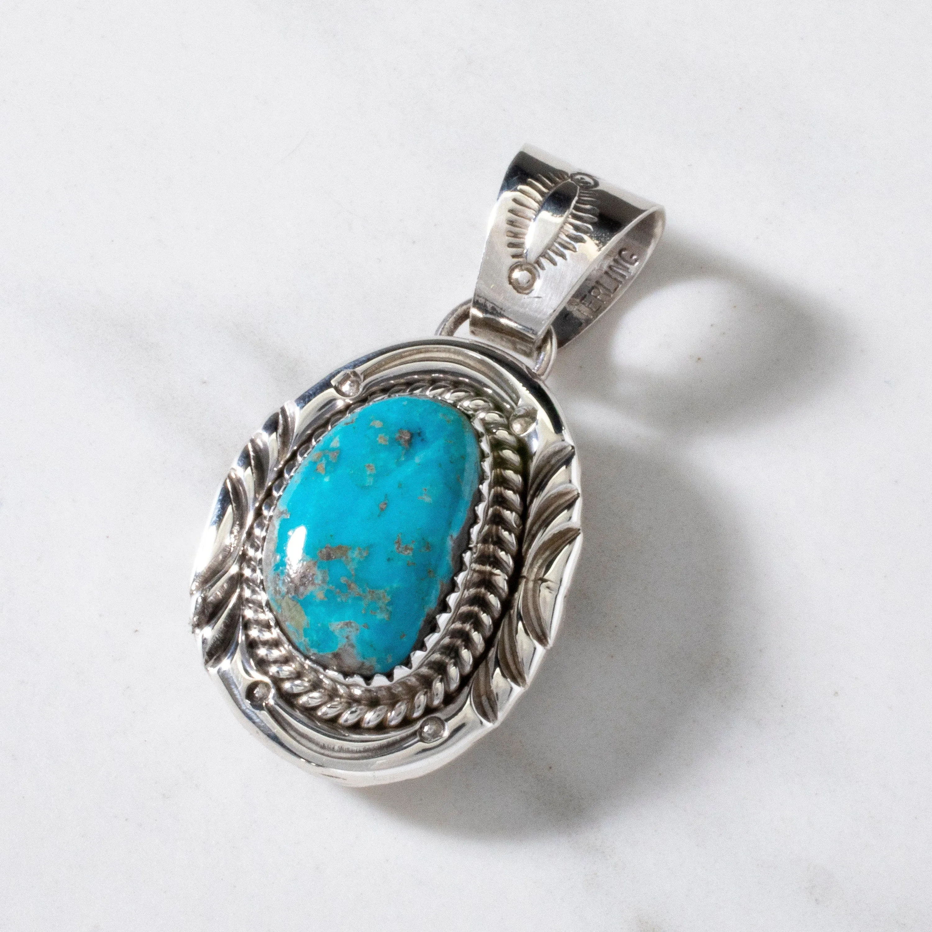 Joe Piaso Jr. Navajo King Manassa Turquoise USA Native American Made 925 Sterling Silver Pendant