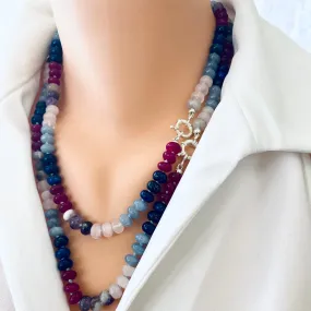 Lapis Lazuli, Rose Quartz & Jade Denim Candy Necklace, Silver Interlocking Clasp, 19or 22in