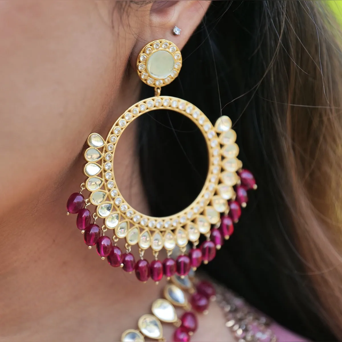 Mehfil Earrings - Rani Pink Hued Stone