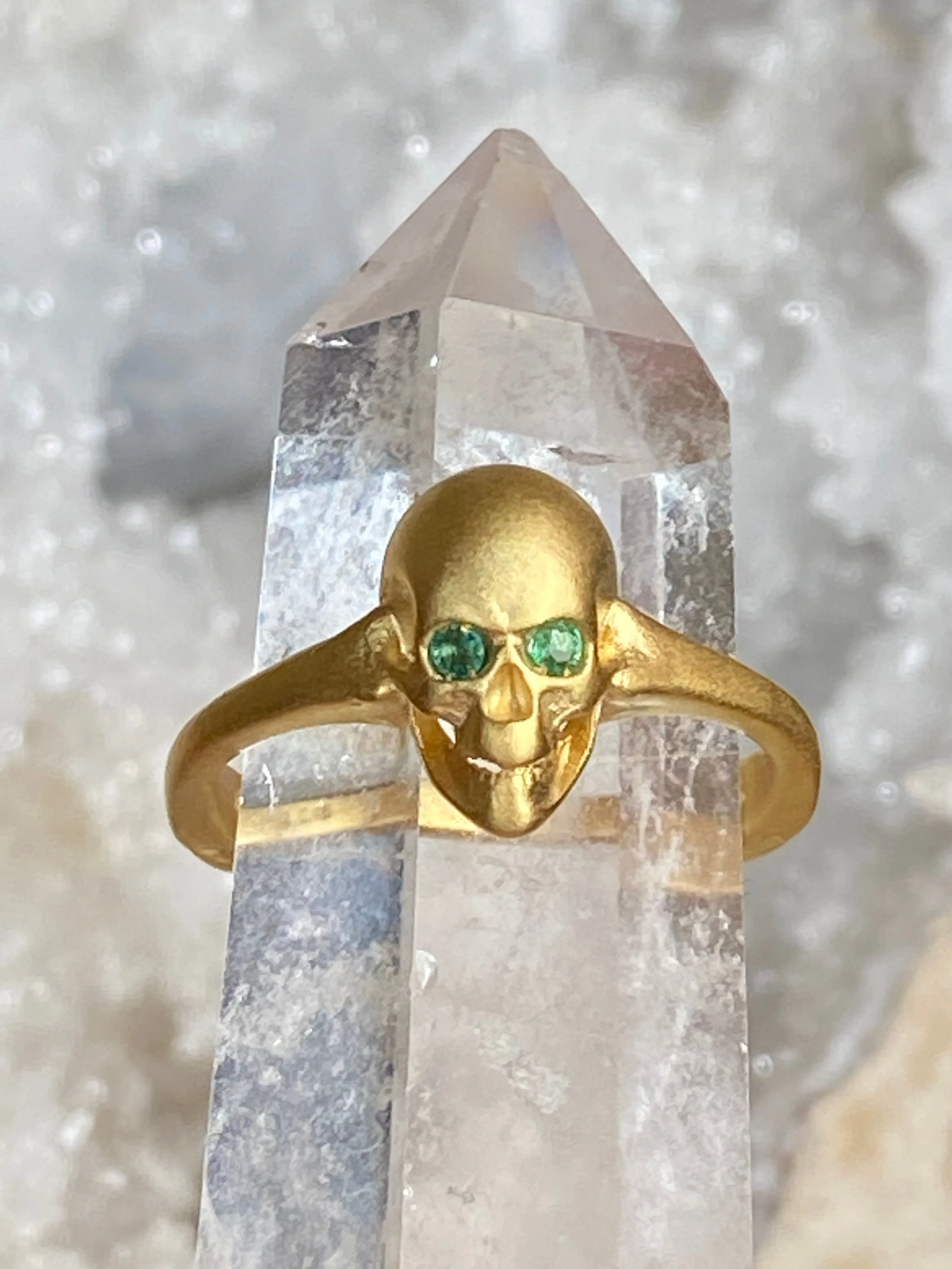 Memento Mori Skull Ring with Emeralds