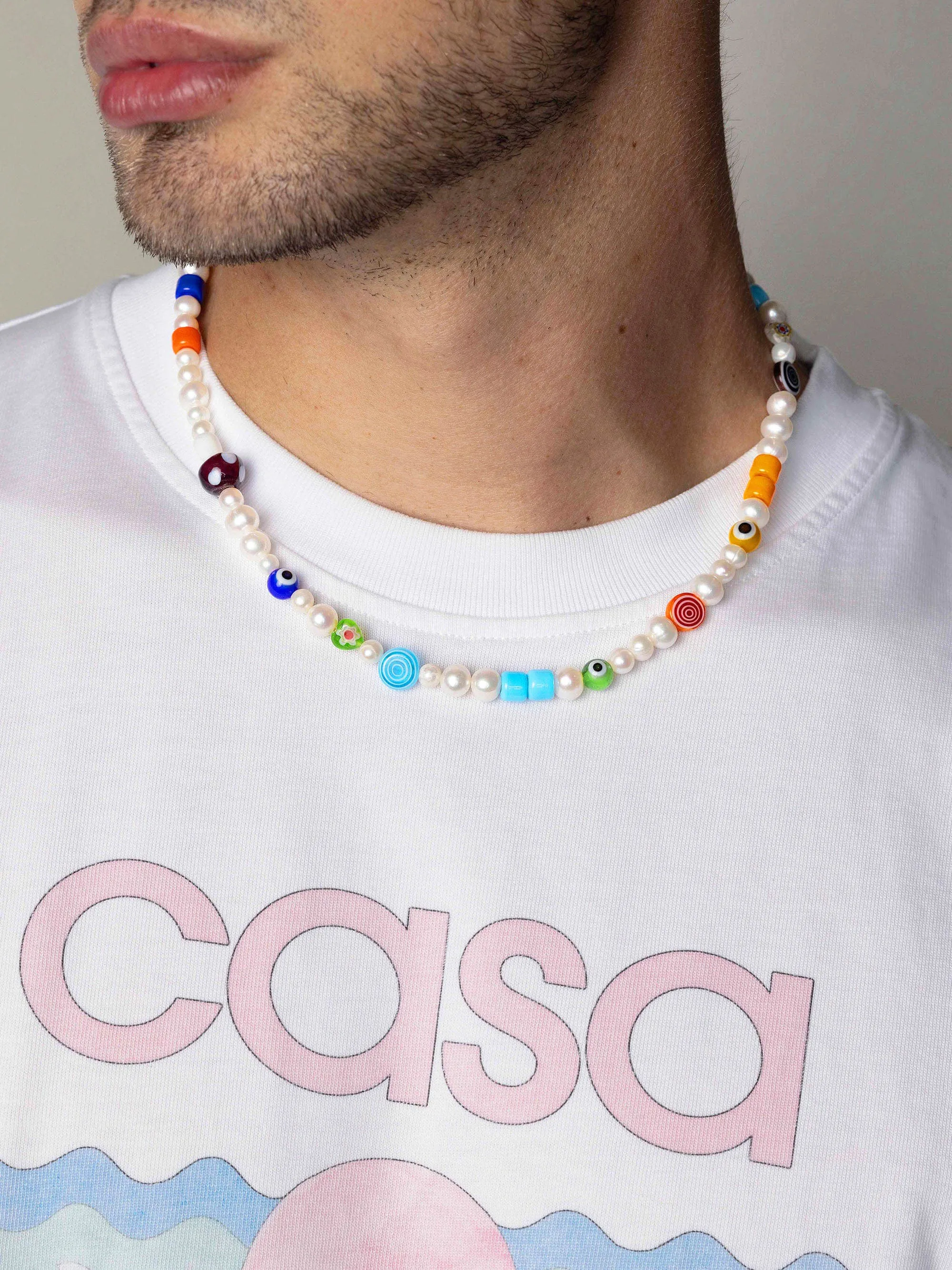 Men's Pearl Choker with Playful Glass Beads