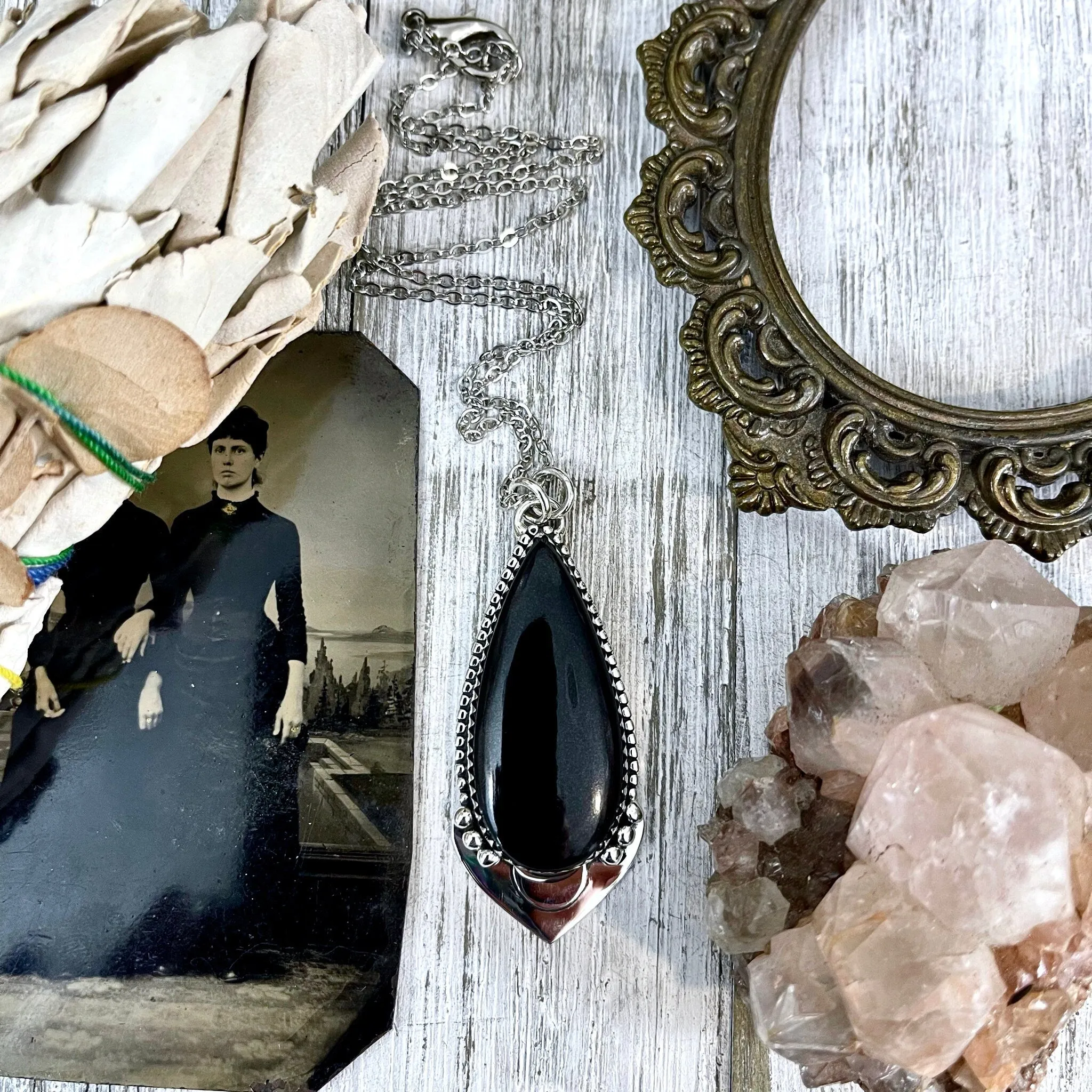 Midnight Moon Crystal Necklace- Black Onyx in Sterling Silver / Designed by FOXLARK Collection