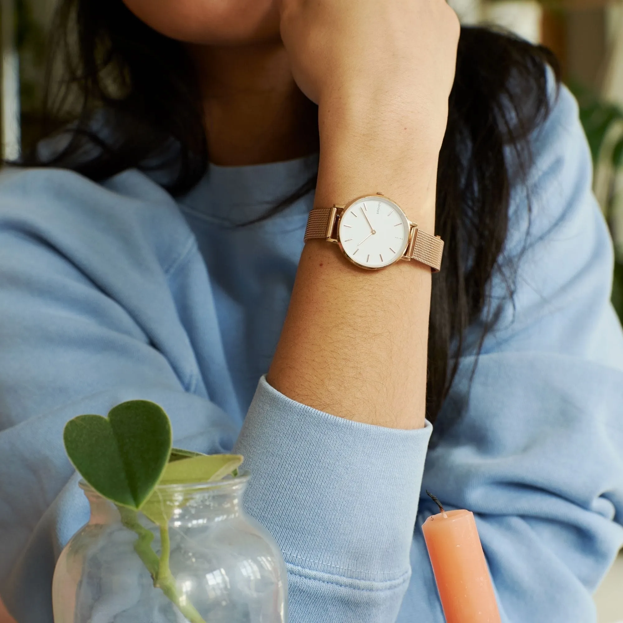 Mini Solar Watch with White & Rose Gold Dial | White Vegan Leather Strap