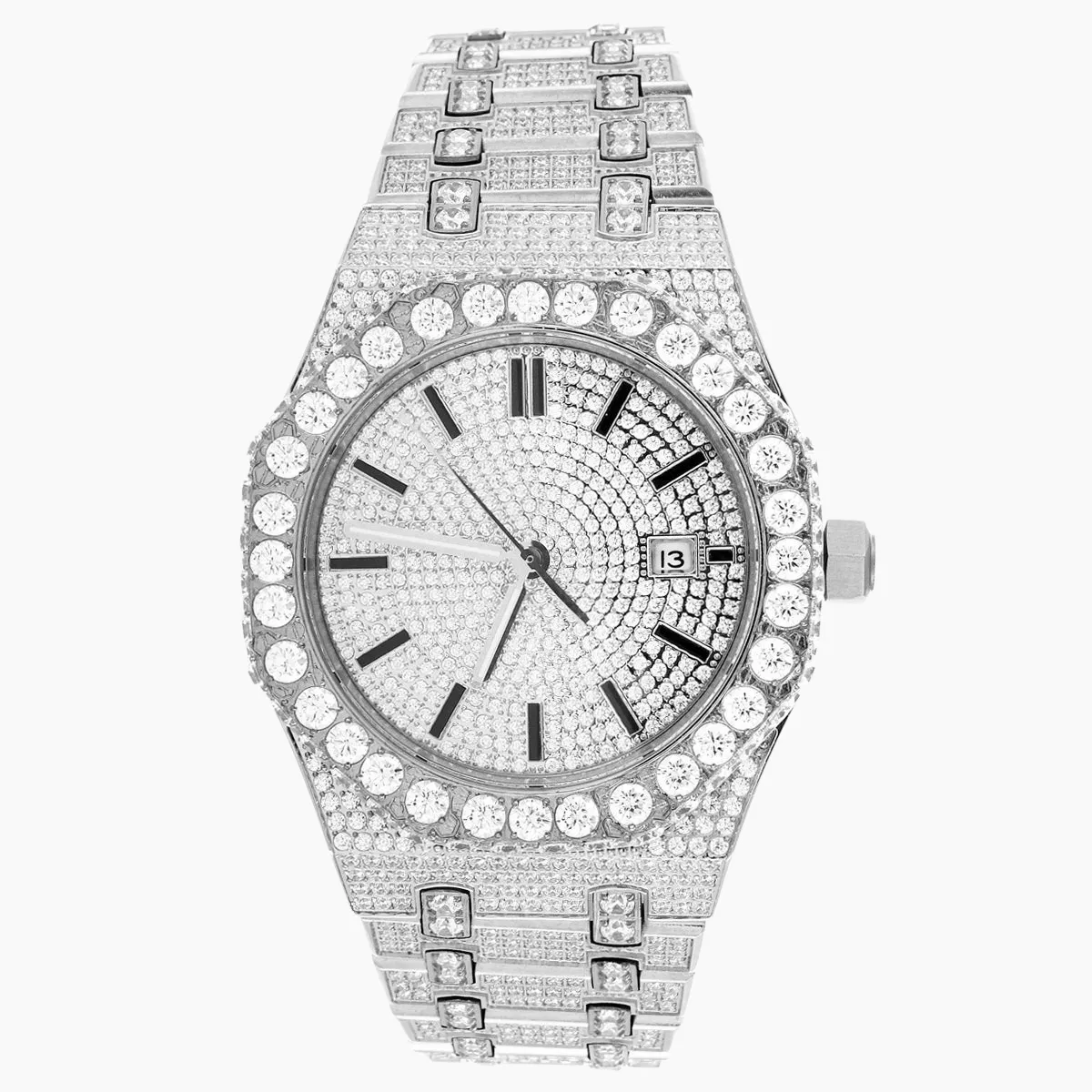 Moissanite Diamond Bezel White Gold Tone Watch