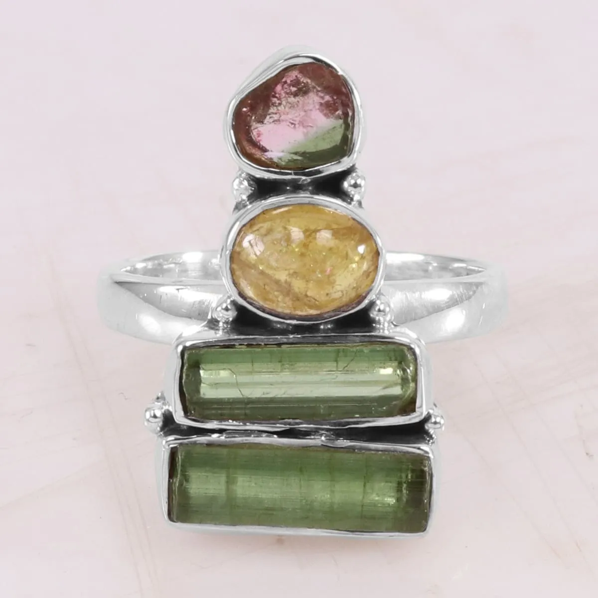 Natural Watermelon Tourmaline 925 Sterling Silver Ring, Handmade Multi Color Raw Tourmaline Ring, October Birthstone Gift Jewelry Ring