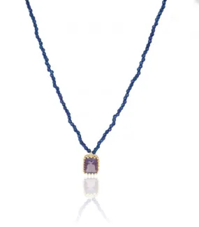 NECKLACE CHOKER NAVY BLUE CRYSTALS & AMETHYST CRYSTAL PENDANT