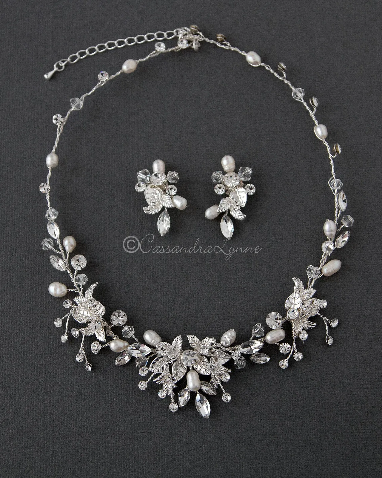 Pearl and Crystal Leaf Bridal Necklace Set