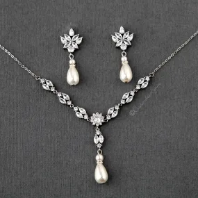 Pearl and CZ Wedding Necklace Set