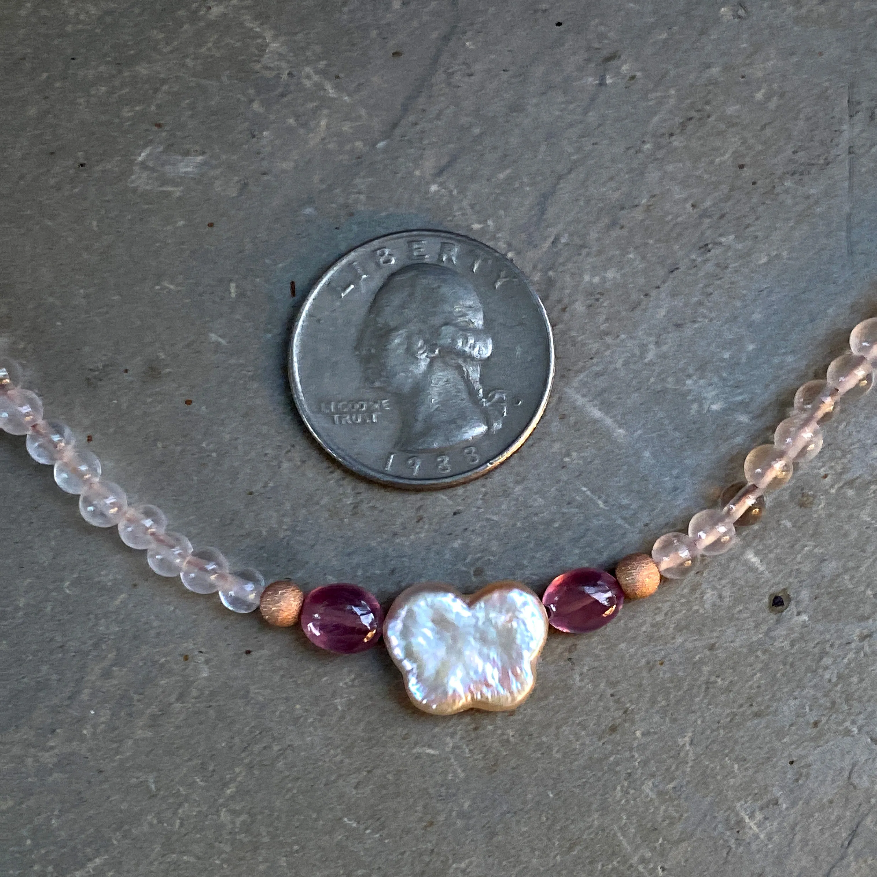 Pearl Butterfly and Pink Sapphire, Rose Quartz  gemstone Choker Necklace