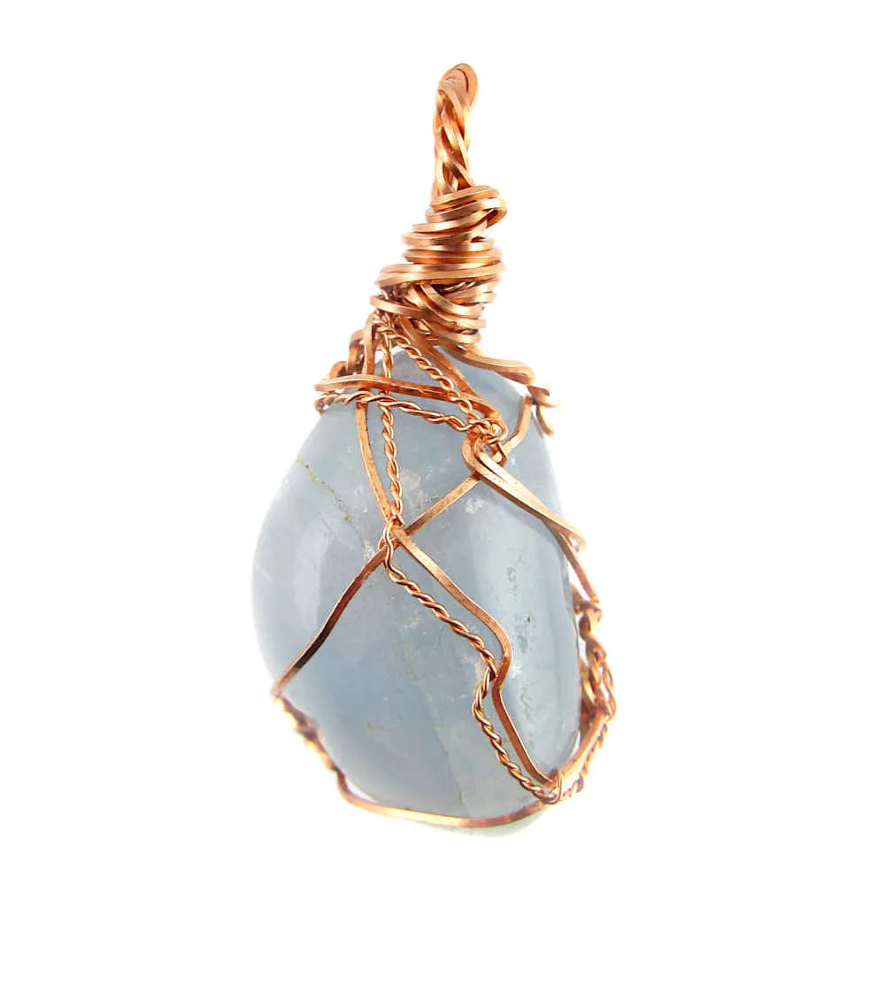 Polished Blue Celestite Pendant Necklace, Copper Wire-Wrapped, with 20 Chain, Handmade  #10