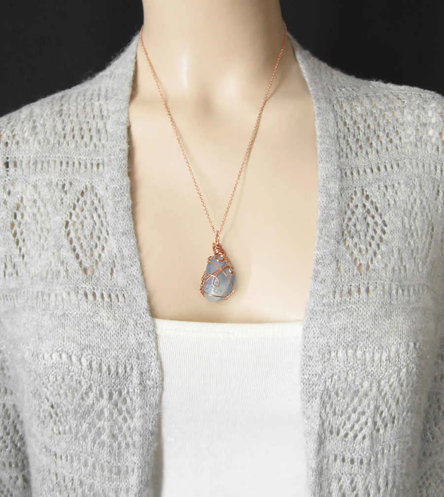 Polished Blue Celestite Pendant Necklace, Copper Wire-Wrapped, with 20 Chain, Handmade  #10