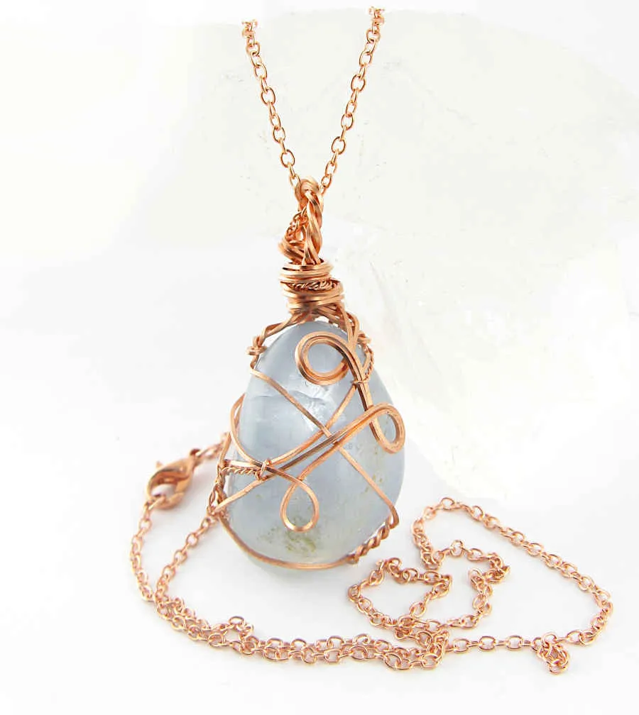 Polished Blue Celestite Pendant Necklace, Copper Wire-Wrapped, with 20 Chain, Handmade  #10