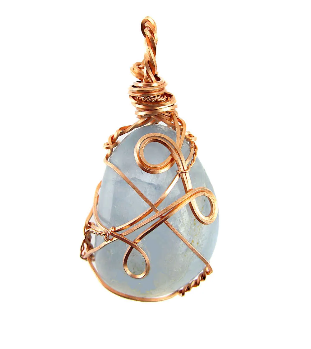 Polished Blue Celestite Pendant Necklace, Copper Wire-Wrapped, with 20 Chain, Handmade  #10