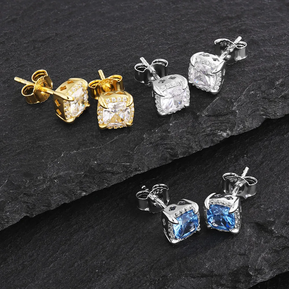 Princess Cut Diamond Stud Mens Earrings 925 Silver Blue/Gold/White-KRKC