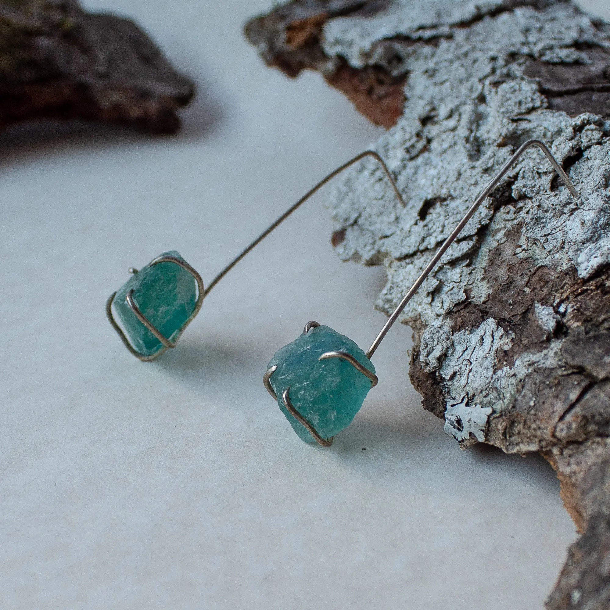 Raw Emerald silver earrings