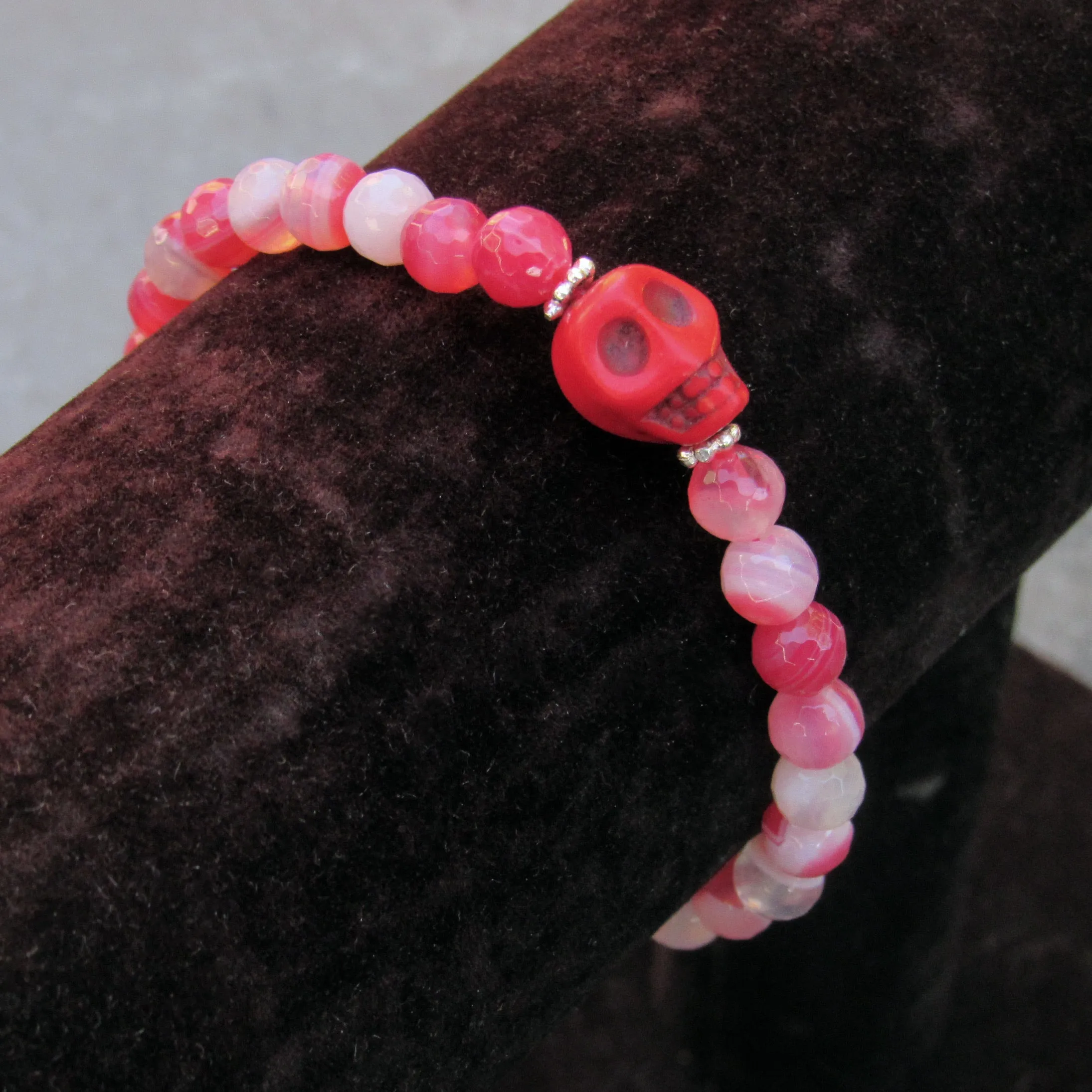 Red Banded Agates, Howlite Skull, Sterling Silver, Women’s Stretch Bracelet