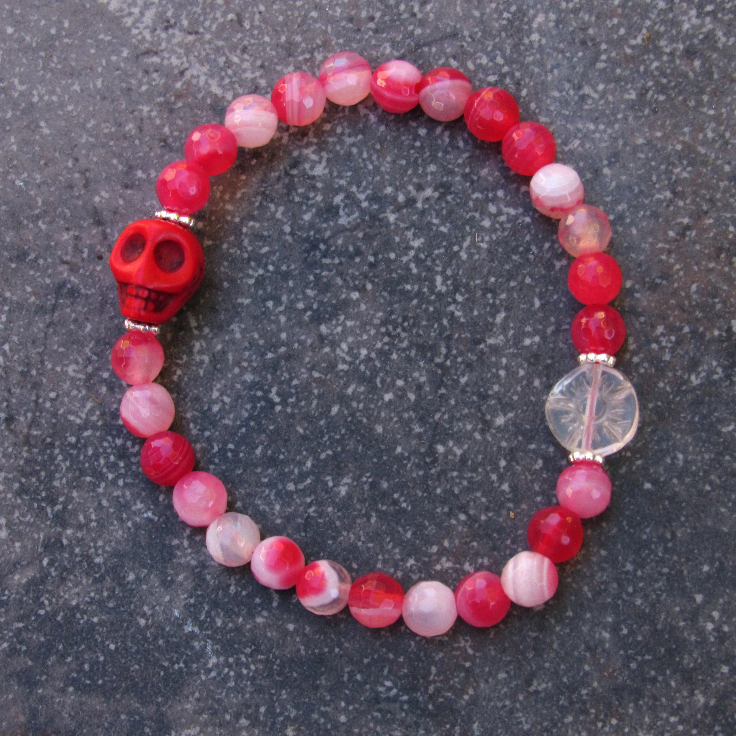 Red Banded Agates, Howlite Skull, Sterling Silver, Women’s Stretch Bracelet