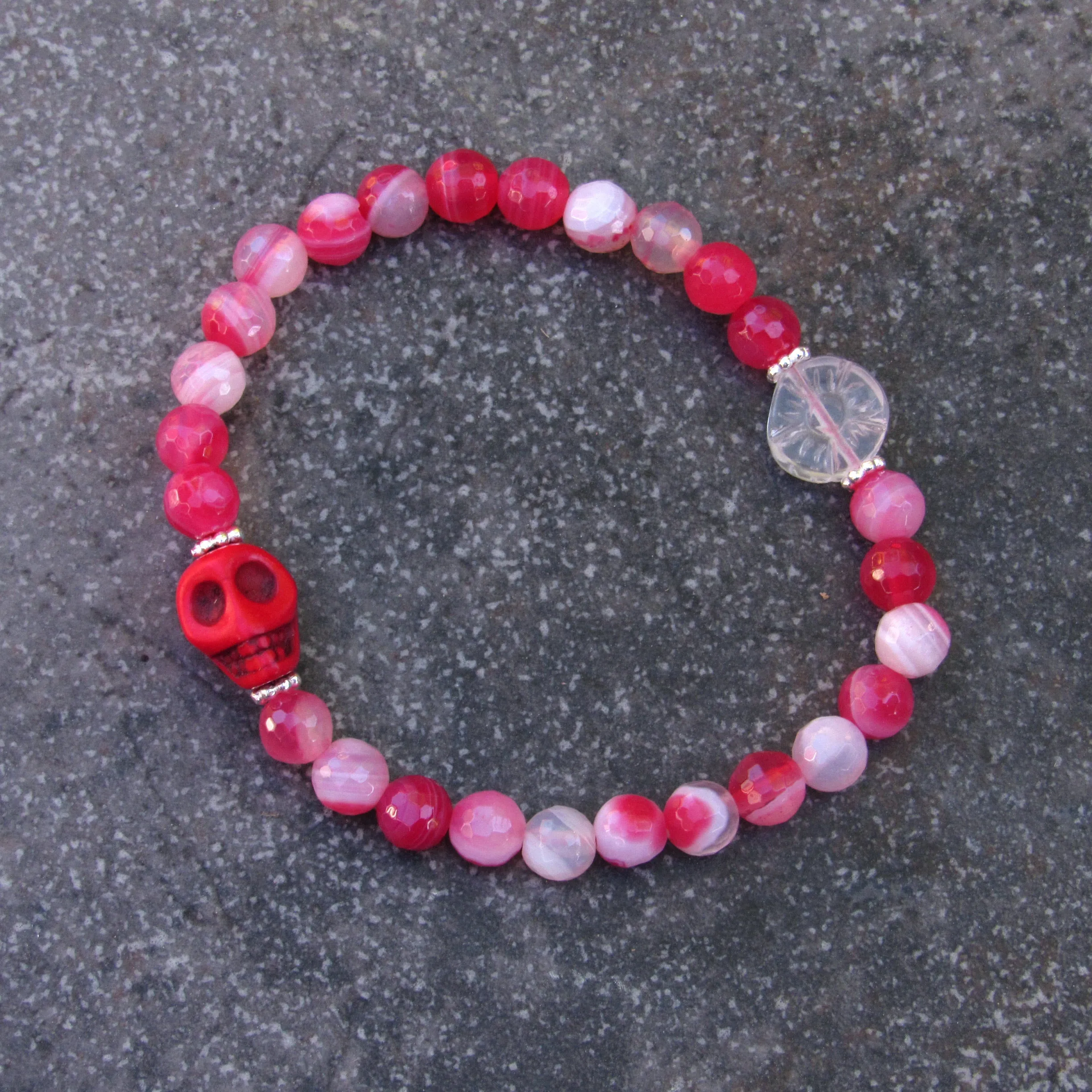 Red Banded Agates, Howlite Skull, Sterling Silver, Women’s Stretch Bracelet