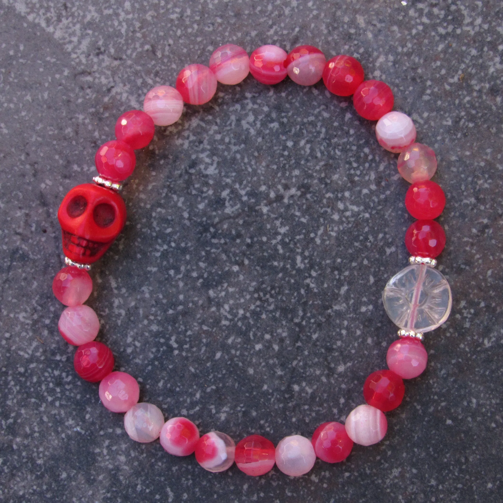 Red Banded Agates, Howlite Skull, Sterling Silver, Women’s Stretch Bracelet