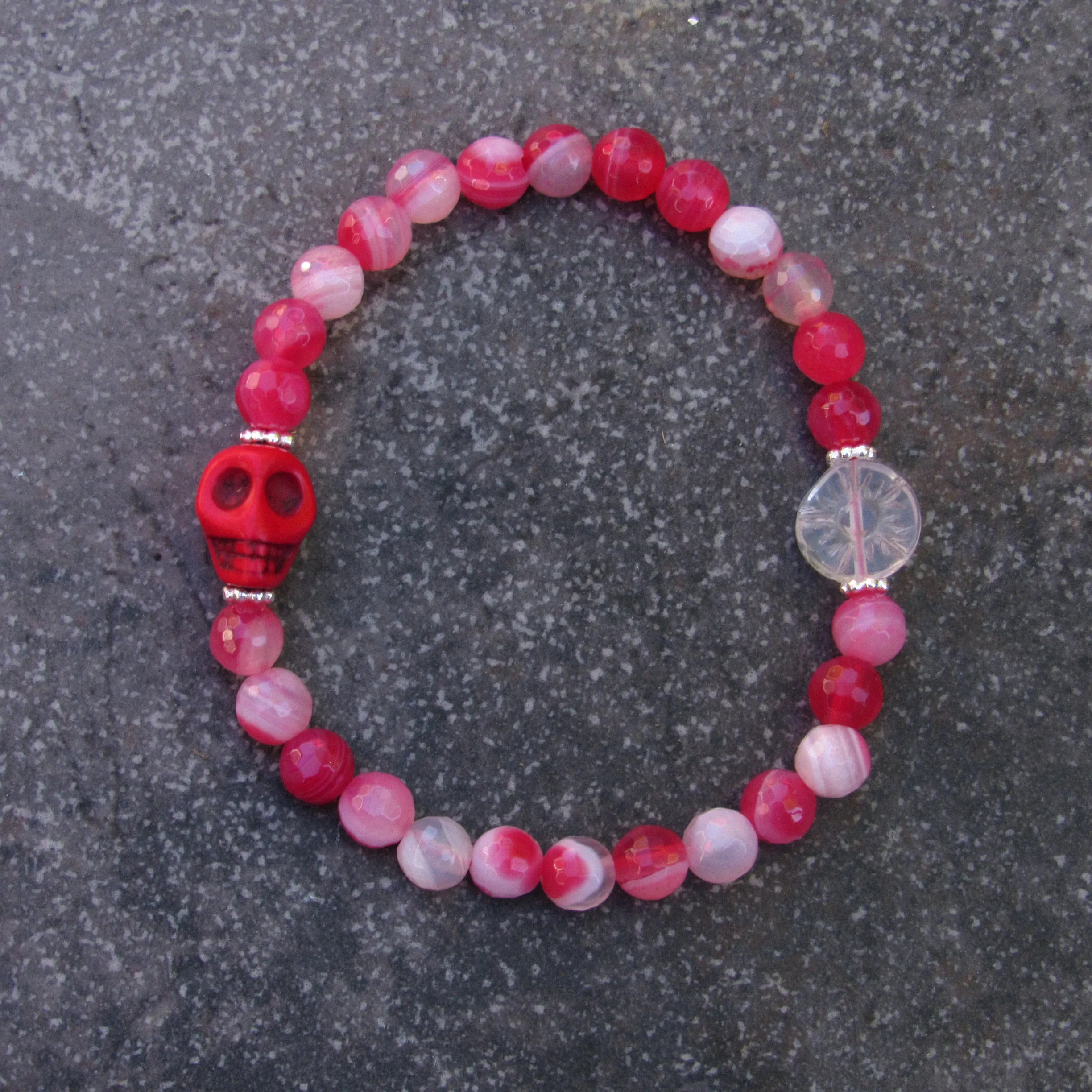 Red Banded Agates, Howlite Skull, Sterling Silver, Women’s Stretch Bracelet