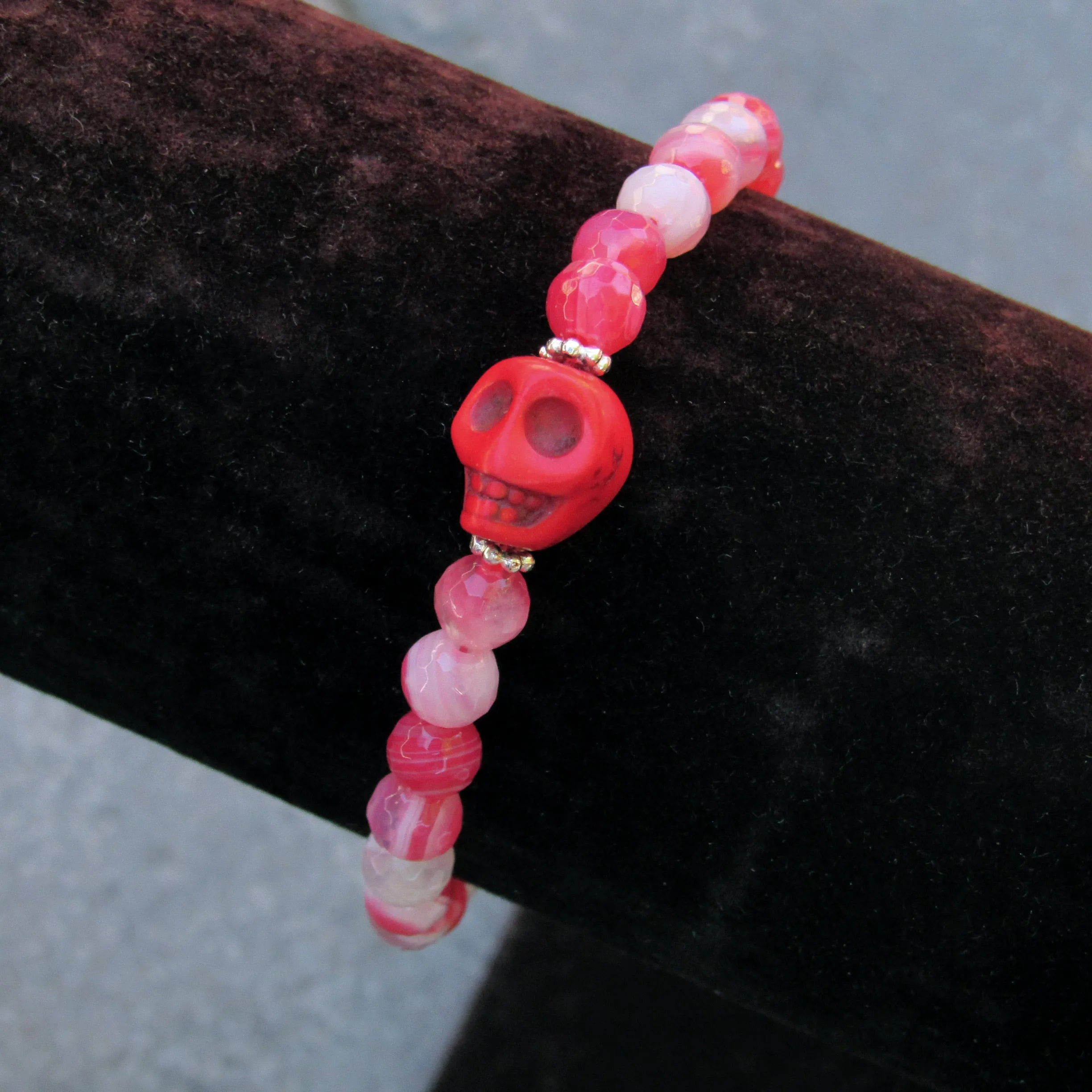 Red Banded Agates, Howlite Skull, Sterling Silver, Women’s Stretch Bracelet